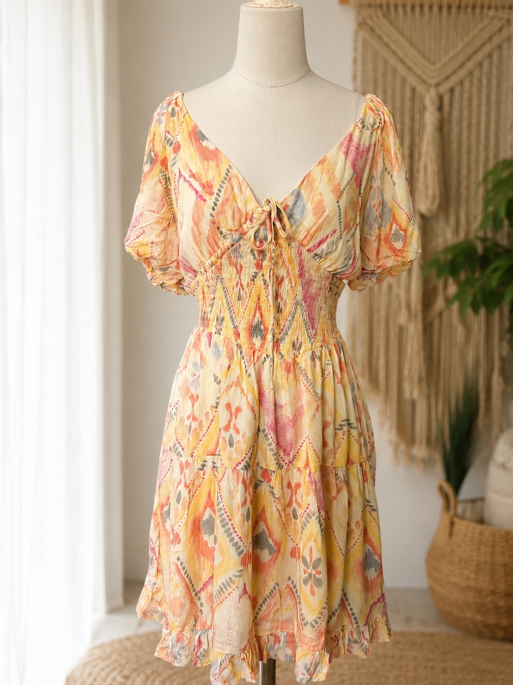 Wishlist Apparel Boho Floral Smocked Dress Open‎ Back Puff Sleeve Cottagecore